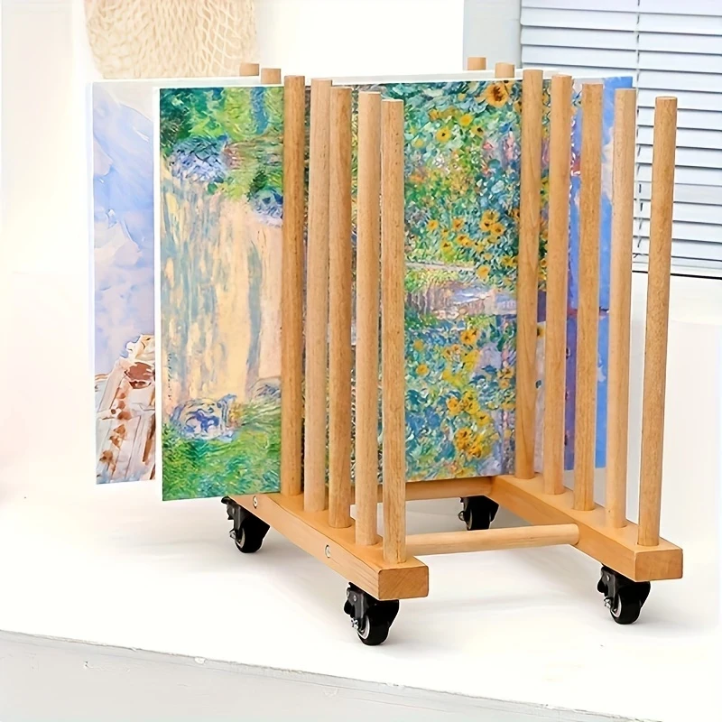 Adjustable Wooden Art Canvas Storage Rack with Wheels