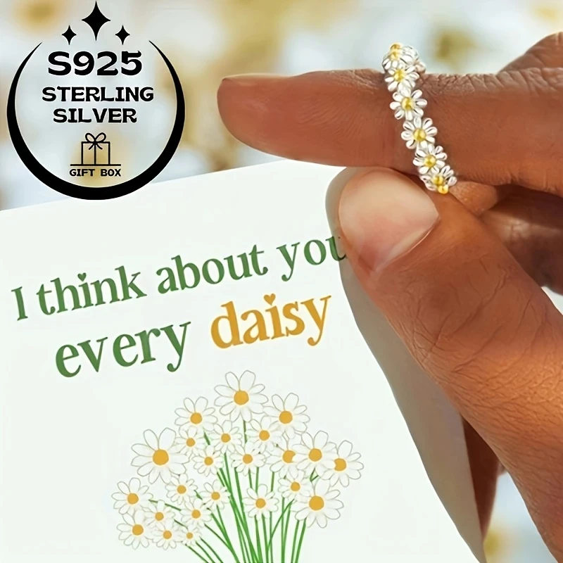 925 Silver Simple Daisy Flower Women's Ring  Adjustable Open Design