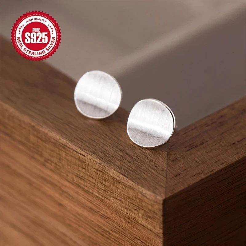 Elegant 925 Sterling Silver Stud Earrings Matte Texture Concave Design