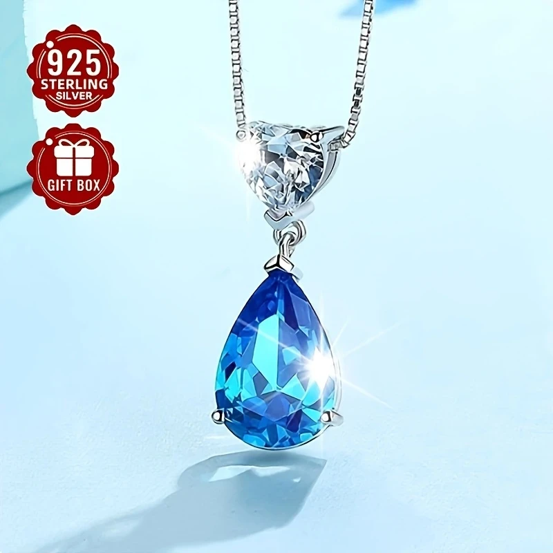 Elegant Blue Synthetic Zirconia Heart Pendant Necklace for Women Vintage Style