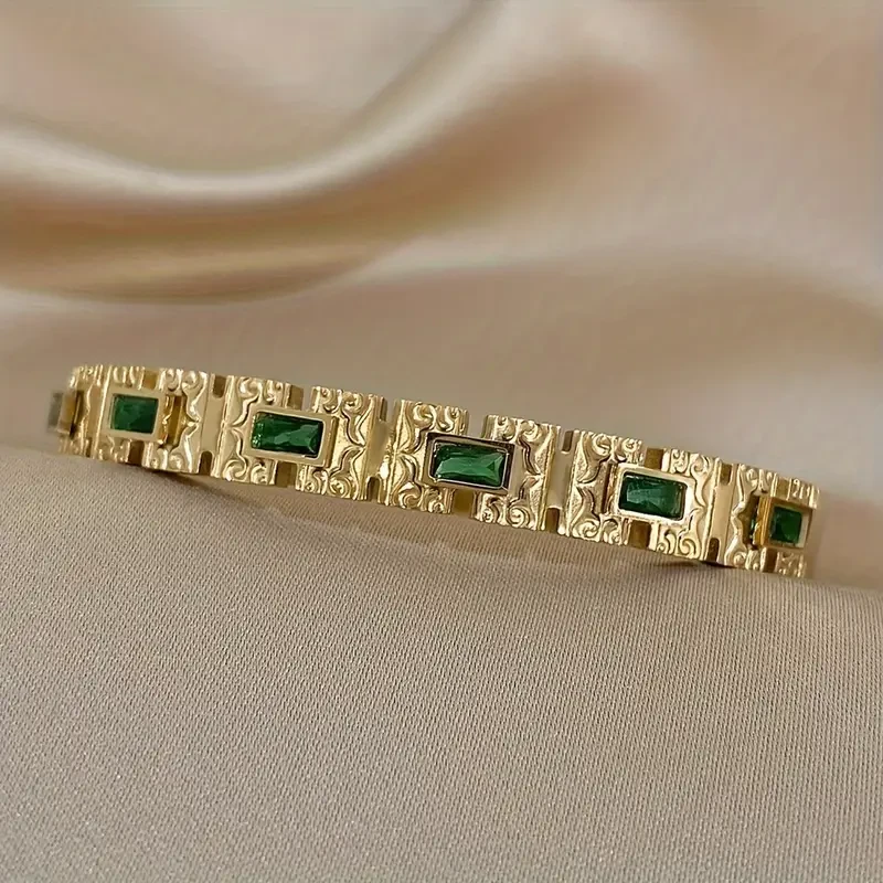 Vintage Inlay Green Zircon Rectangle Stainless Steel Bangles