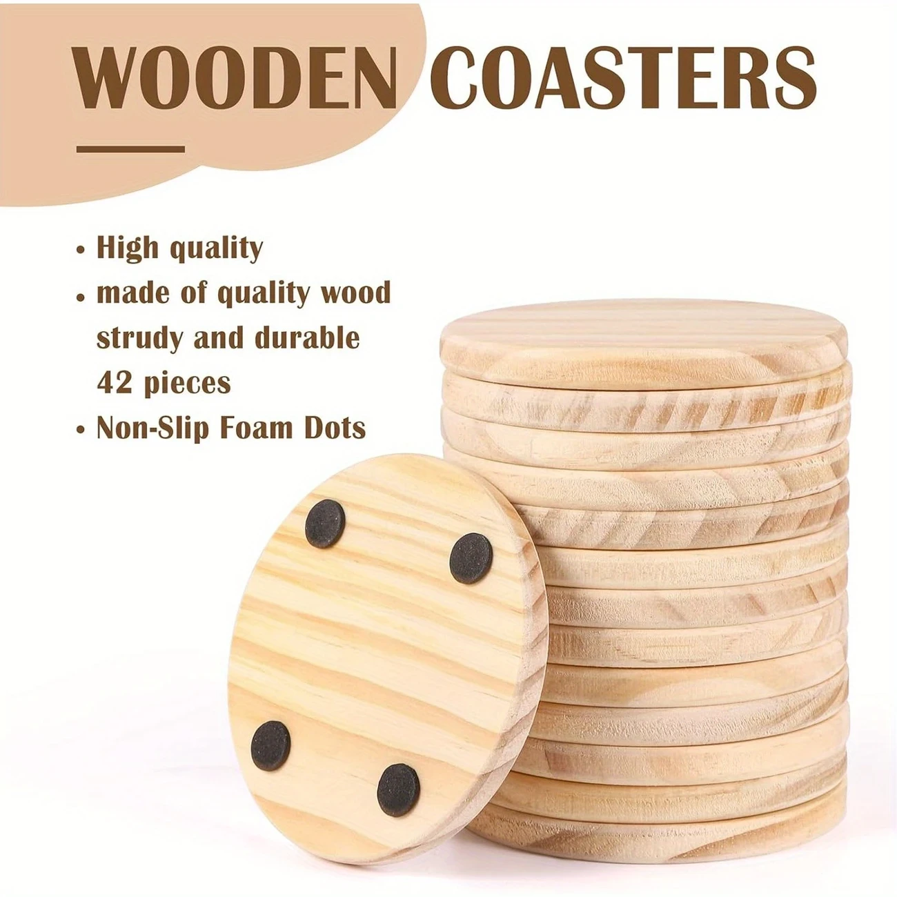 42pcs 10.16 cm Round Blank Wooden Coasters with Non-Slip Silicon Dots