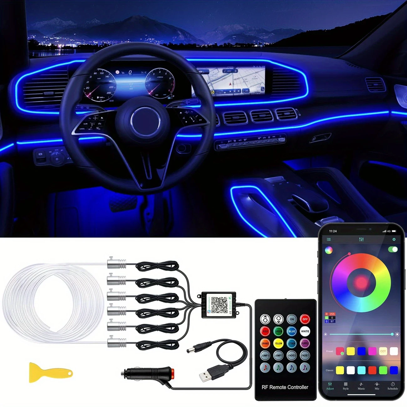Interior Car LED Strip Lights with Wireless APP and Remote Control