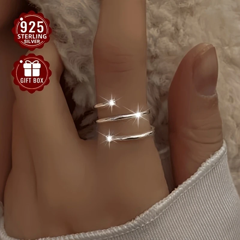 1pc Womens Adjustable Open Ring 925 Silver - Elegant Spiral Design with Synthetic Cubic Zirconia, Ideal for Daily Wear, Parties & Banquets