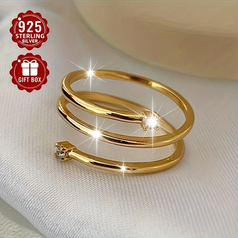 1pc Womens Adjustable Open Ring 925 Silver - Elegant Spiral Design with Synthetic Cubic Zirconia, Ideal for Daily Wear, Parties & Banquets