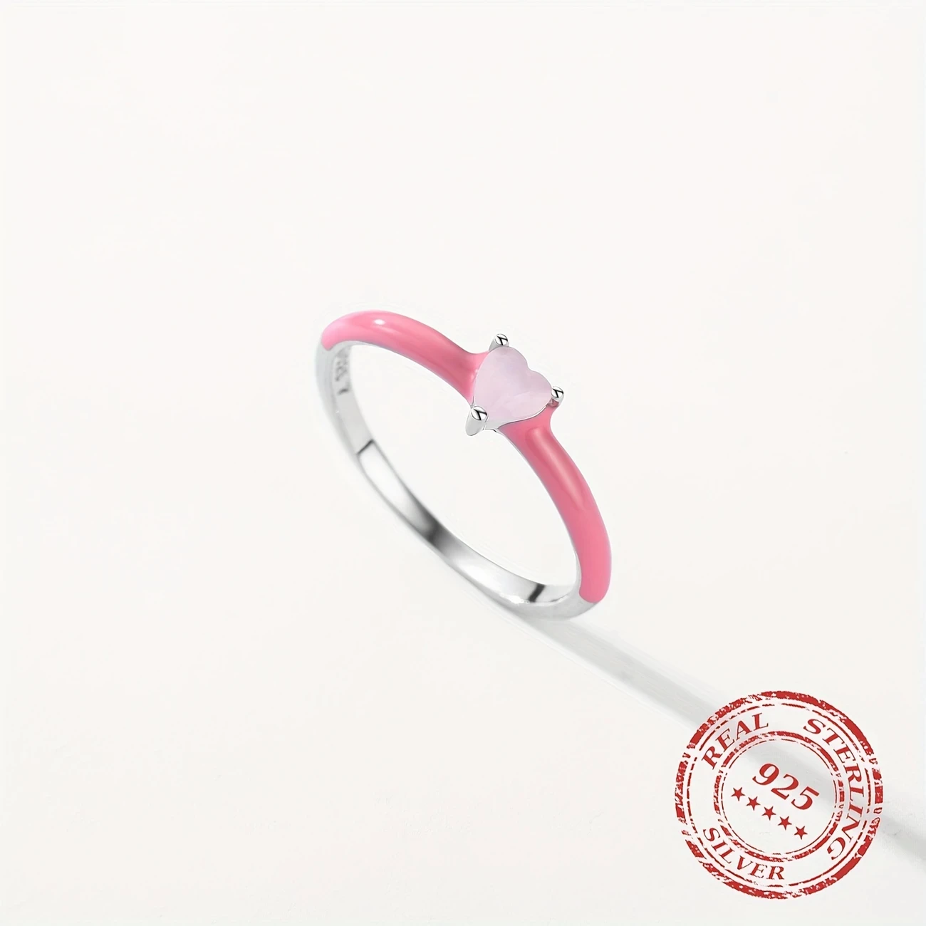 925 Sterling Silver New Design Pink Enamel Ring with Heart CZ  Trendy Stackable Jewelry for Women, Perfect Gift for Parties