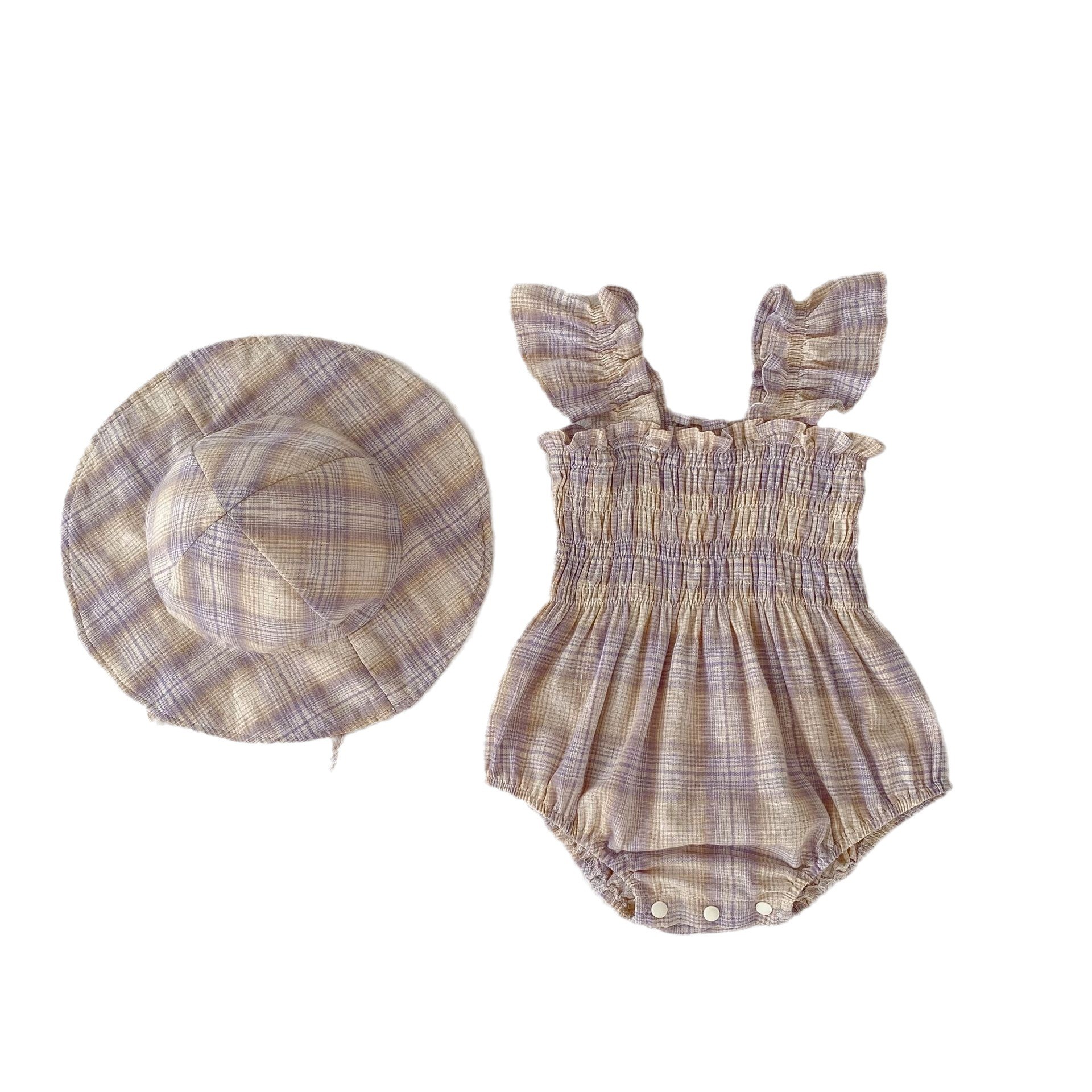 Thin Summer Clothing Baby Girl Color Matching Plaid Onesie Clothes Get Hat For Free