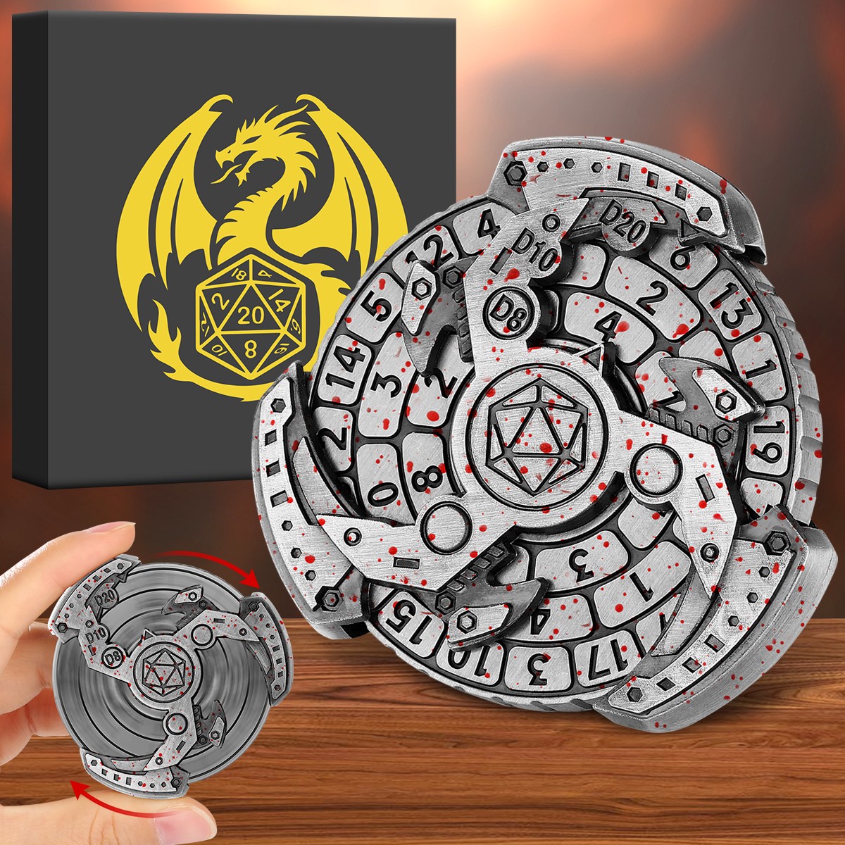 Wind And Fire Wheel DND Dice Wheel Gift Box Set, Fingertip Gyro Retro Compass Table Role Playing Game Dice, Parent Child Game, Toy Accessories Gift, Multiplayer Role Playing Board Game Accessories