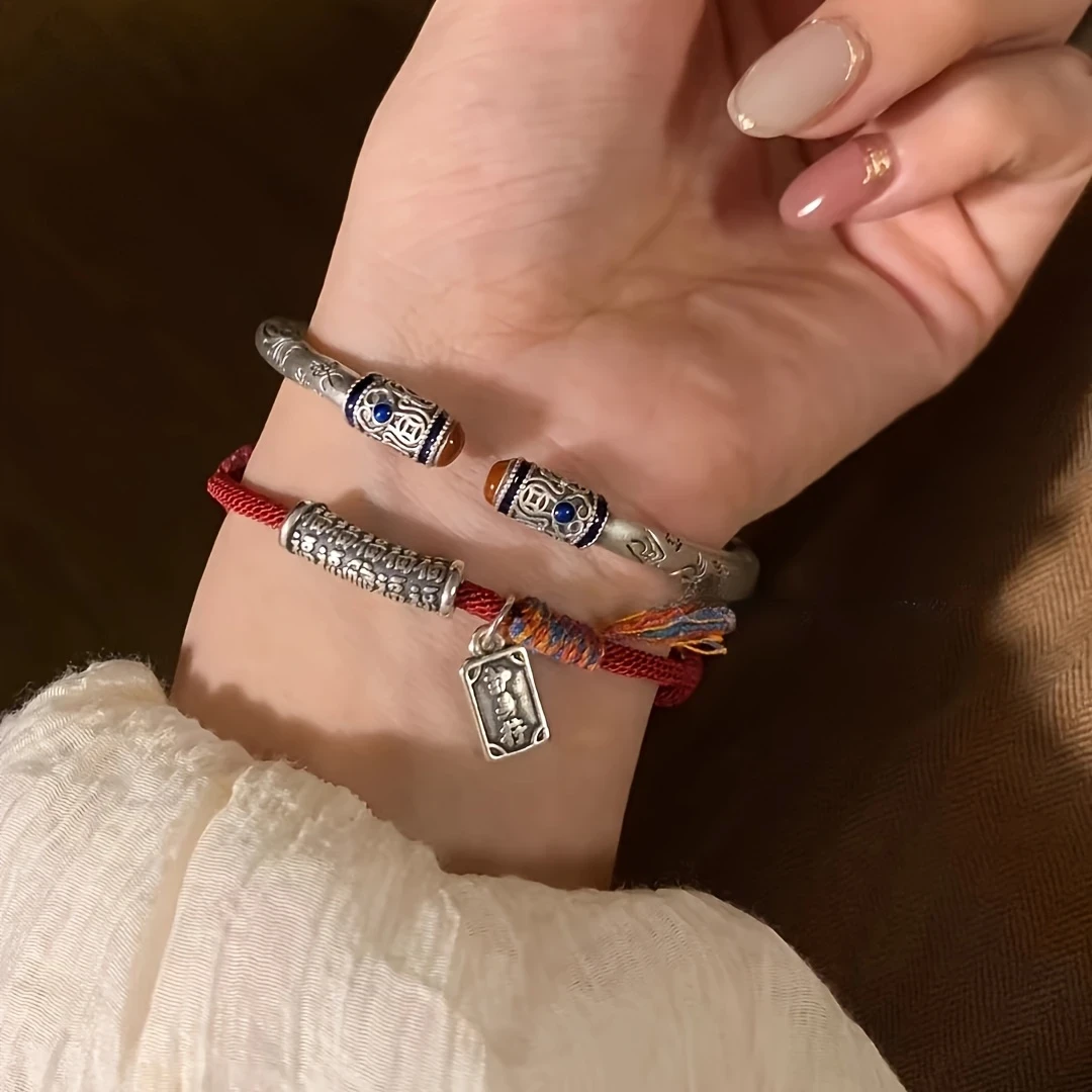 925 Silver Tang Grass Pattern Womens Fashion Open Bangle  Chinese Style Vintage Solid Hand Chain, All-Season Accessory for Daily Wear and Gift Giving