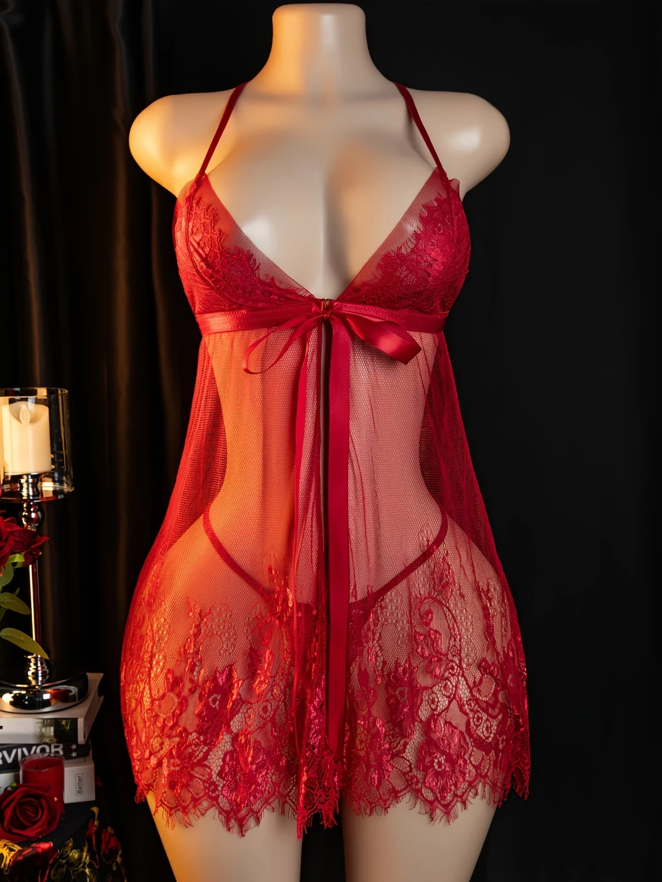 Elegant Red Lace Nightgown with Strapless Design and Bow Detail  Sexy Polyester Sleepwear Set for Women Including Garter Belt and Stockings, Romantic Evening Wear