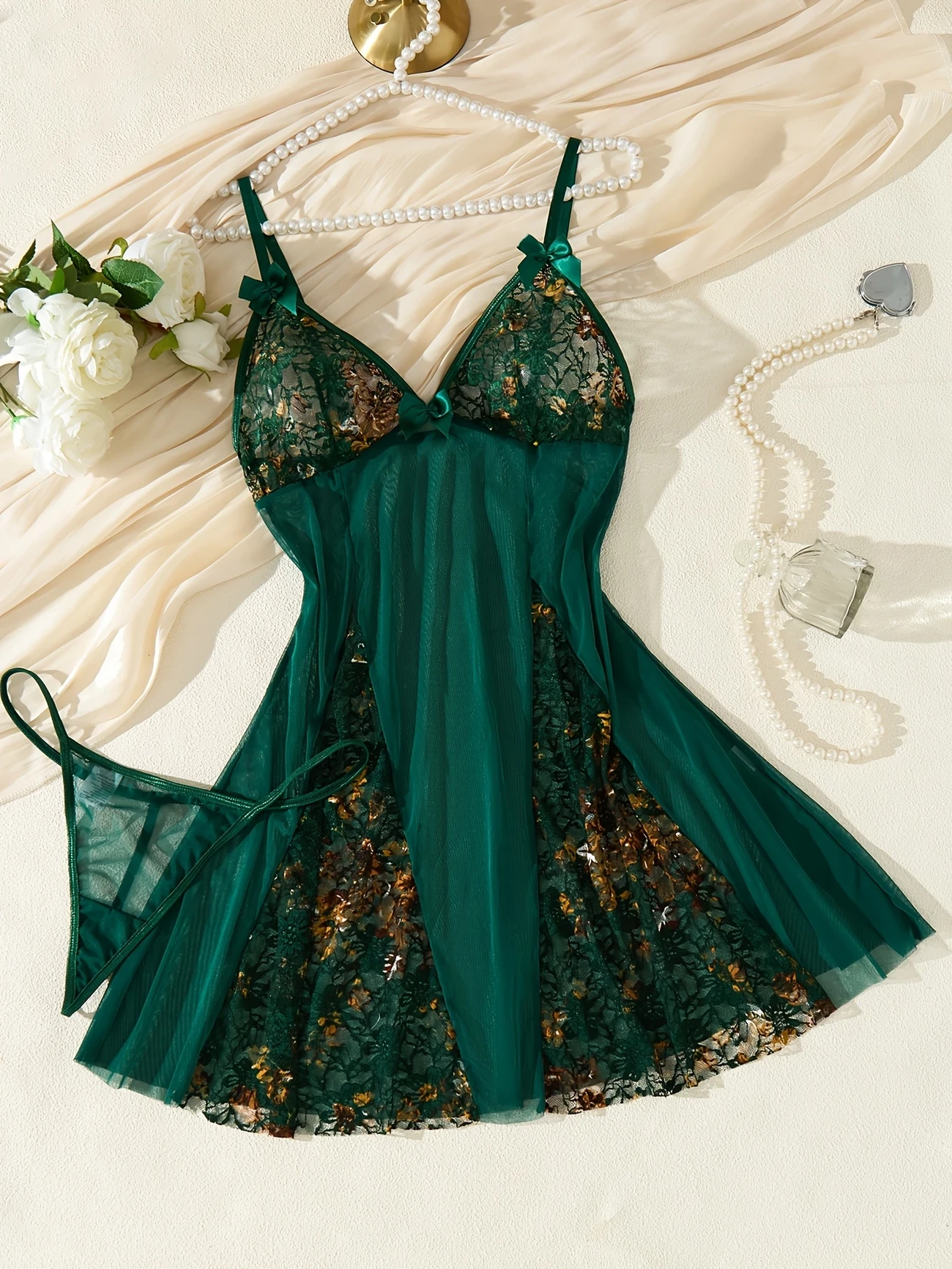 Sheer Nightgown with Sexy Embroidered Floral Designs and a Bow  Elegant Lingerie for Women