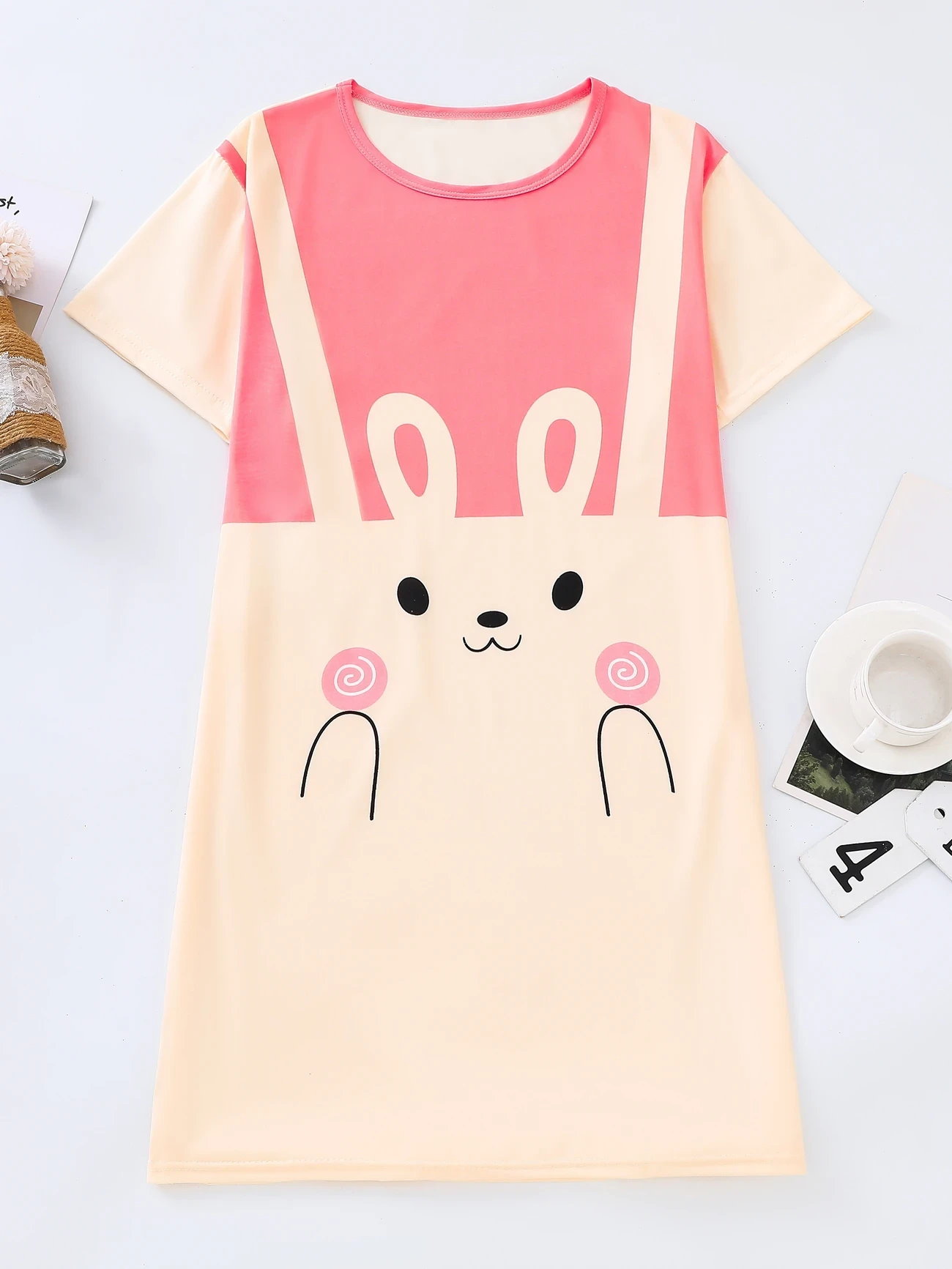 Adorable Rabbit Print Womens Nightdress  Lightweight & Comfortable Short Sleeve Tee Dress with Soft Round Neck, Loose Fit for Summer Sleep and Lounge