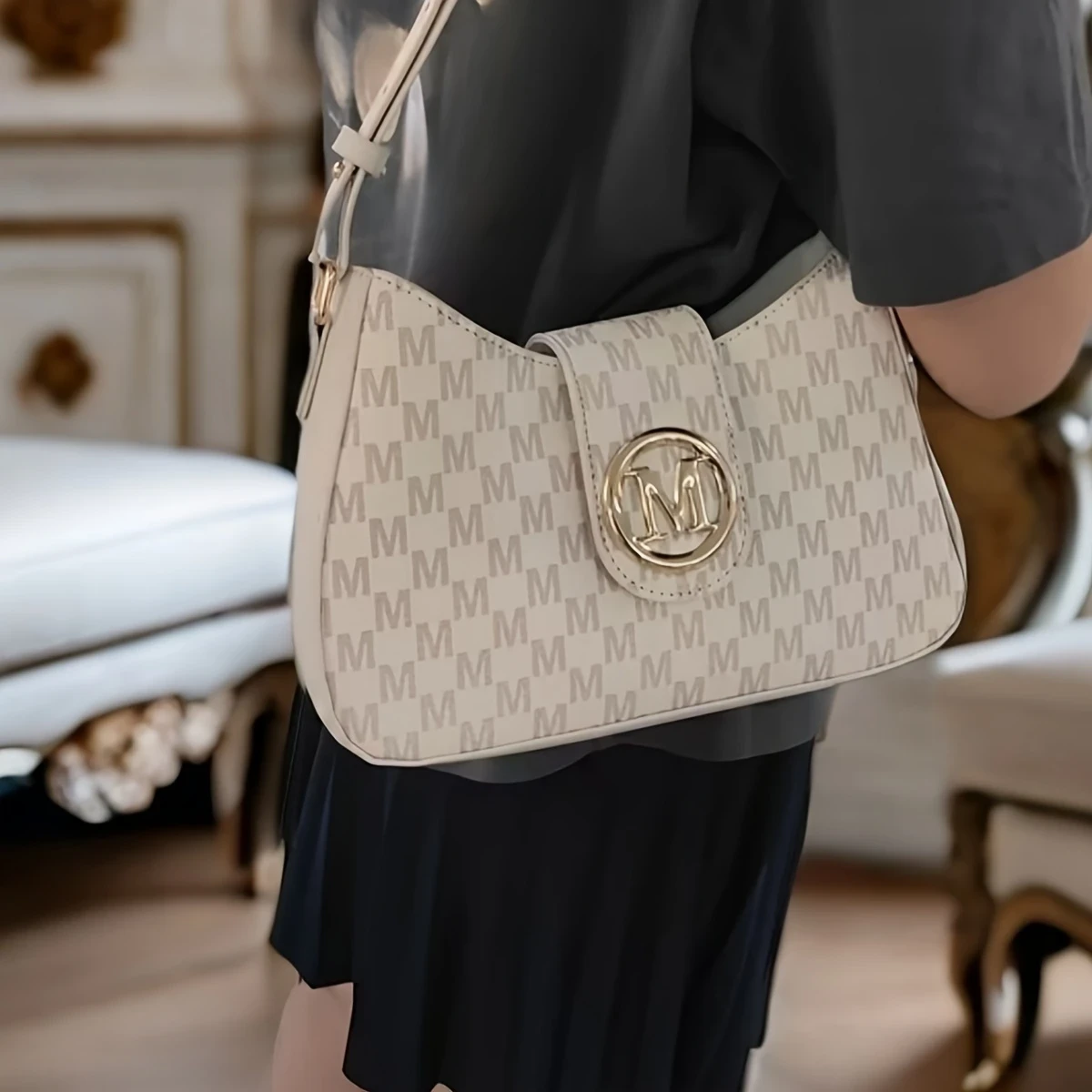 Chic M-Print Womens Crossbody Bag  Sleek Black with Golden-Tone Clasp, Zipper Closure & Polyester Lining