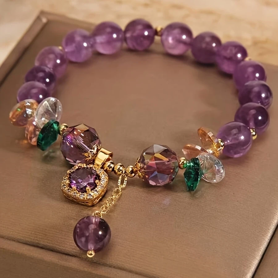 Elegant Retro Amethyst Bead Bracelet with Golden-Tone Accents and Crystal Pendant  Bohemian Charm for Every Occasion
