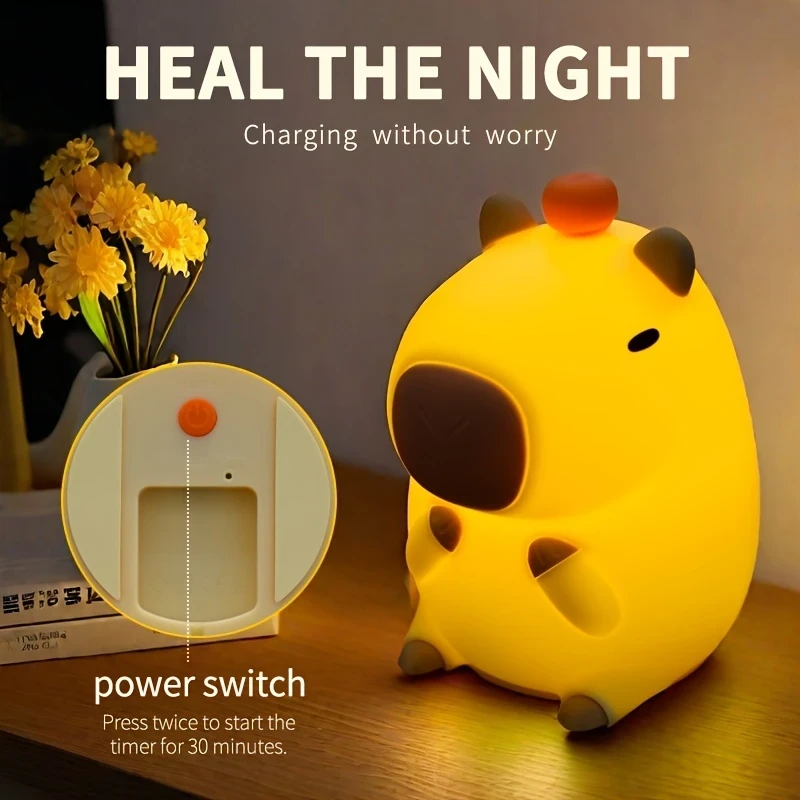 Modern Capybara Cute Night Light  Touch Control, 30-Minute Timer, and USB Rechargeable Ambient Light