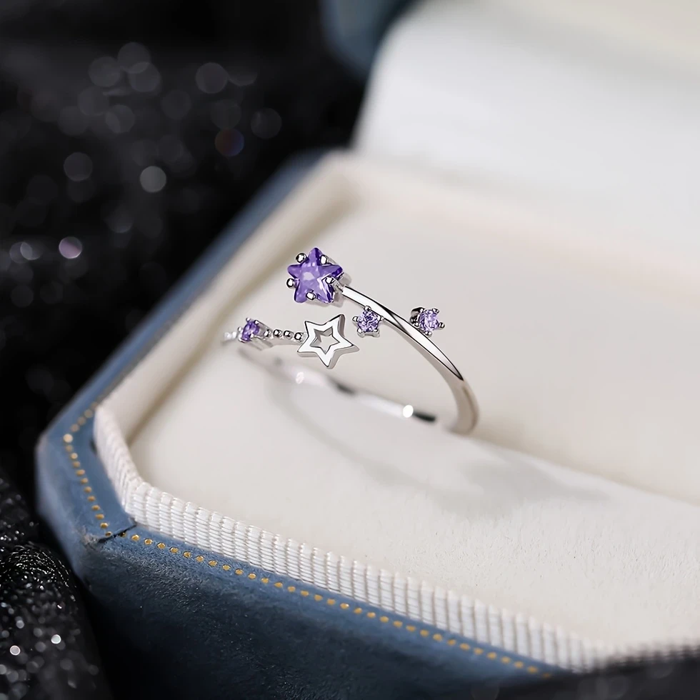 Elegant Adjustable Star Ring for Women  Silvery-Tone Copper Alloy with Purple Synthetic Zirconia