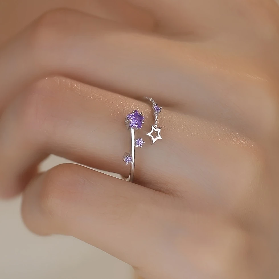 Elegant Adjustable Star Ring for Women  Silvery-Tone Copper Alloy with Purple Synthetic Zirconia