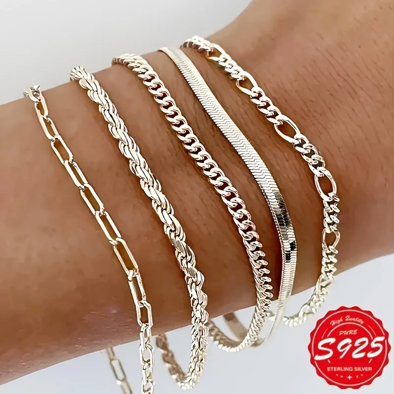 5pcs Elegant 925 Sterling Silver Cuban Chain Bracelets  Handmade Womens Fashion Jewelry | Durable Chic Bracelets | Perfect Mothers Day & Everyday Gift NZ