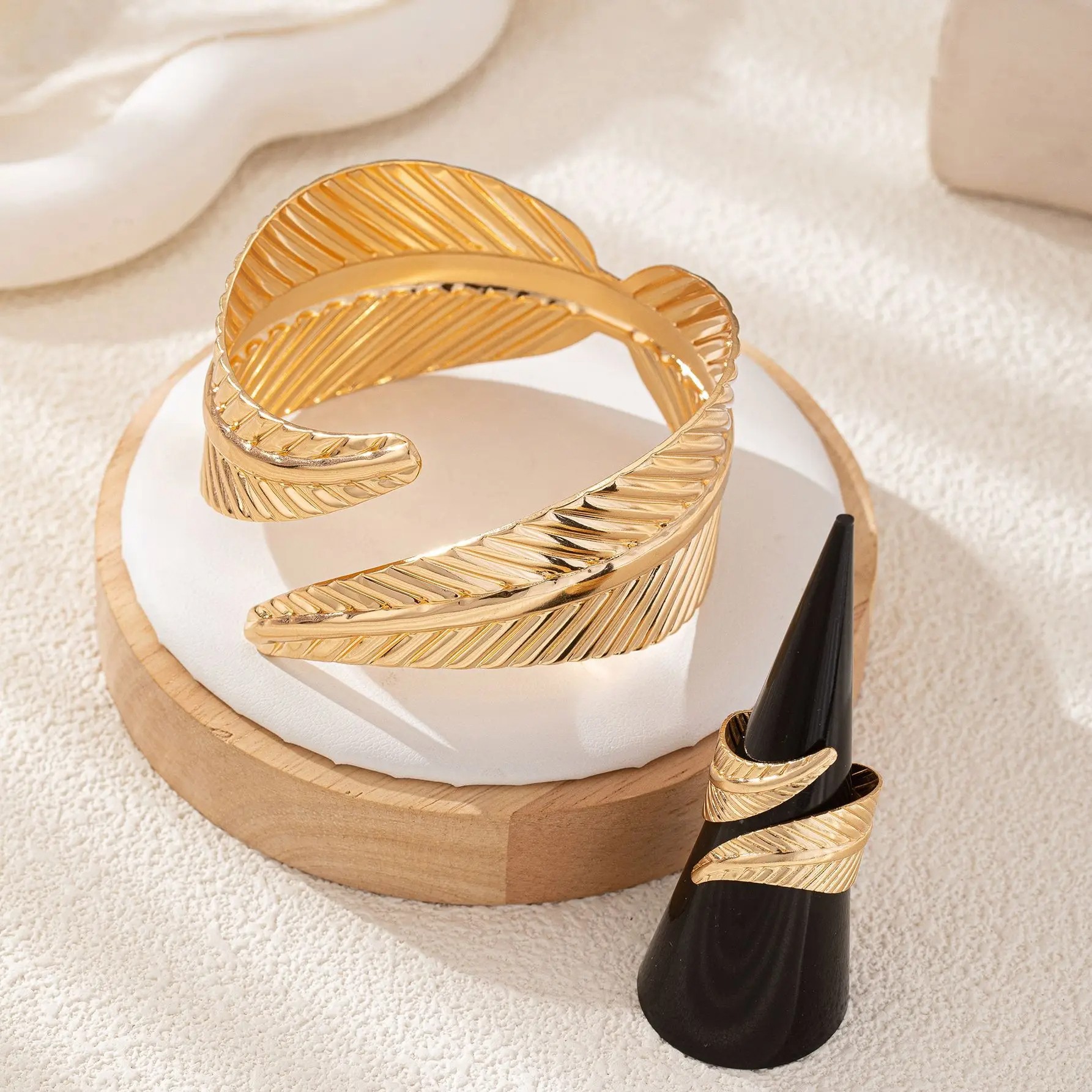 Geometric Crossing Leaves Cuff Bangles and Ring Set