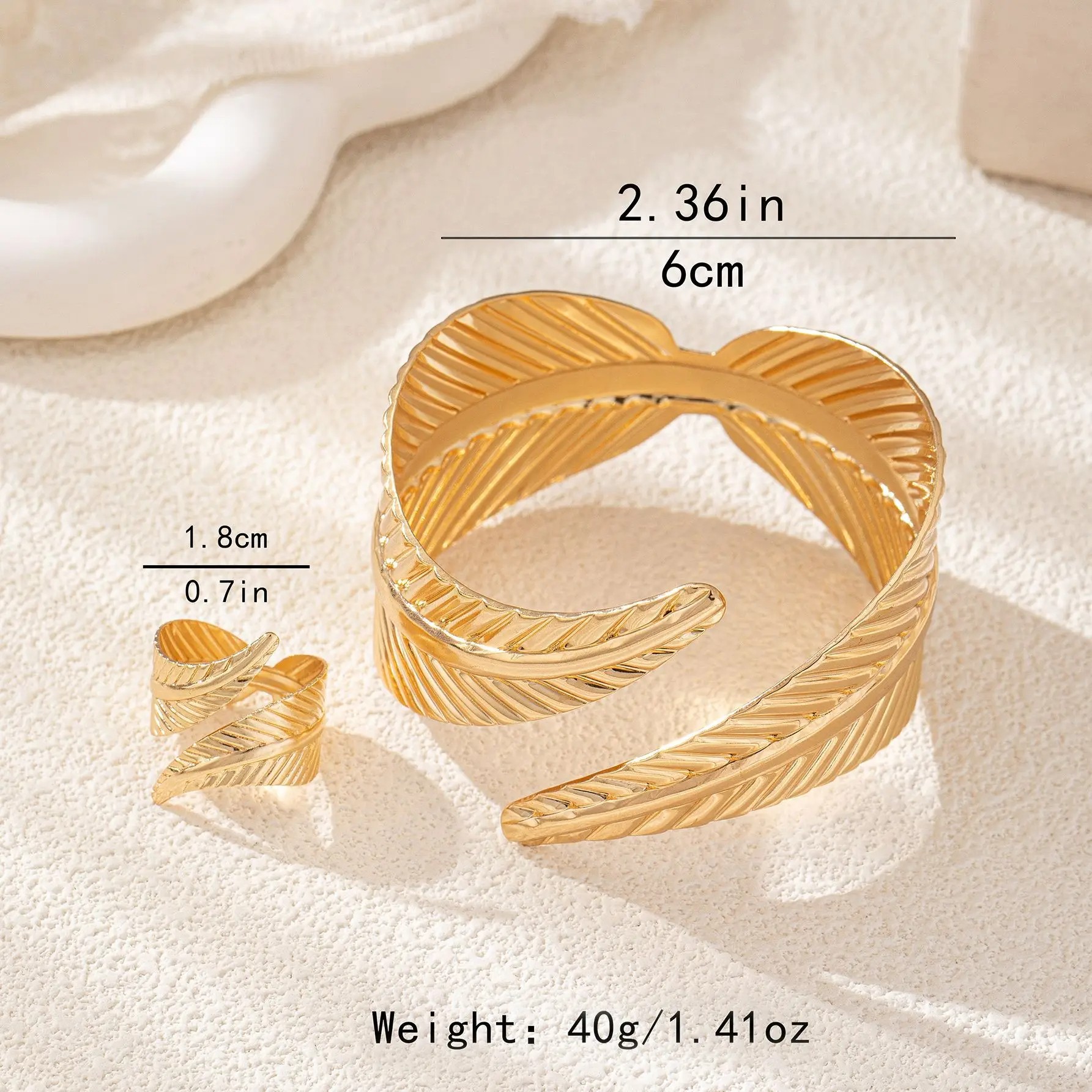 Geometric Crossing Leaves Cuff Bangles and Ring Set
