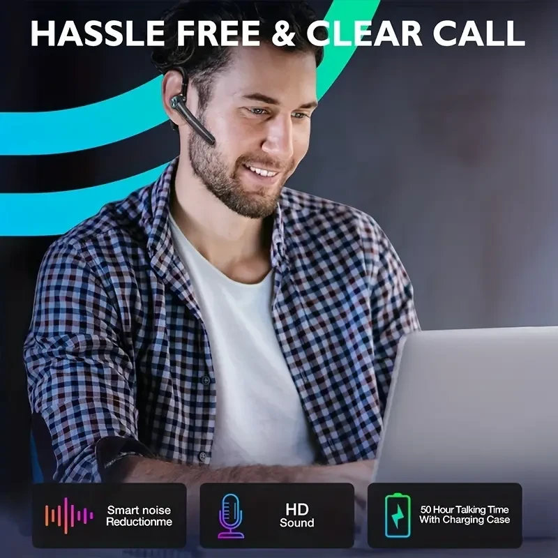 Wireless Earpiece Headset - 50Hrs Playback with Dual Mic Noise Canceling, 400mAh LED Charging Case for Business, Office, Trucker - Black