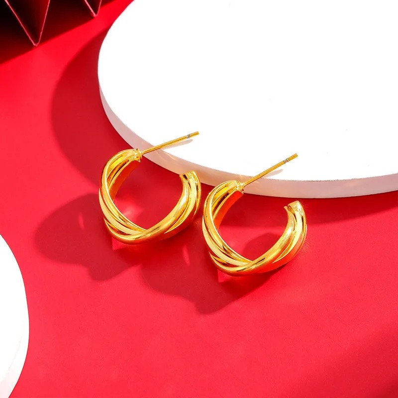 Luxury 24K 9999 Pure Gold C-Shaped Earrings for Women