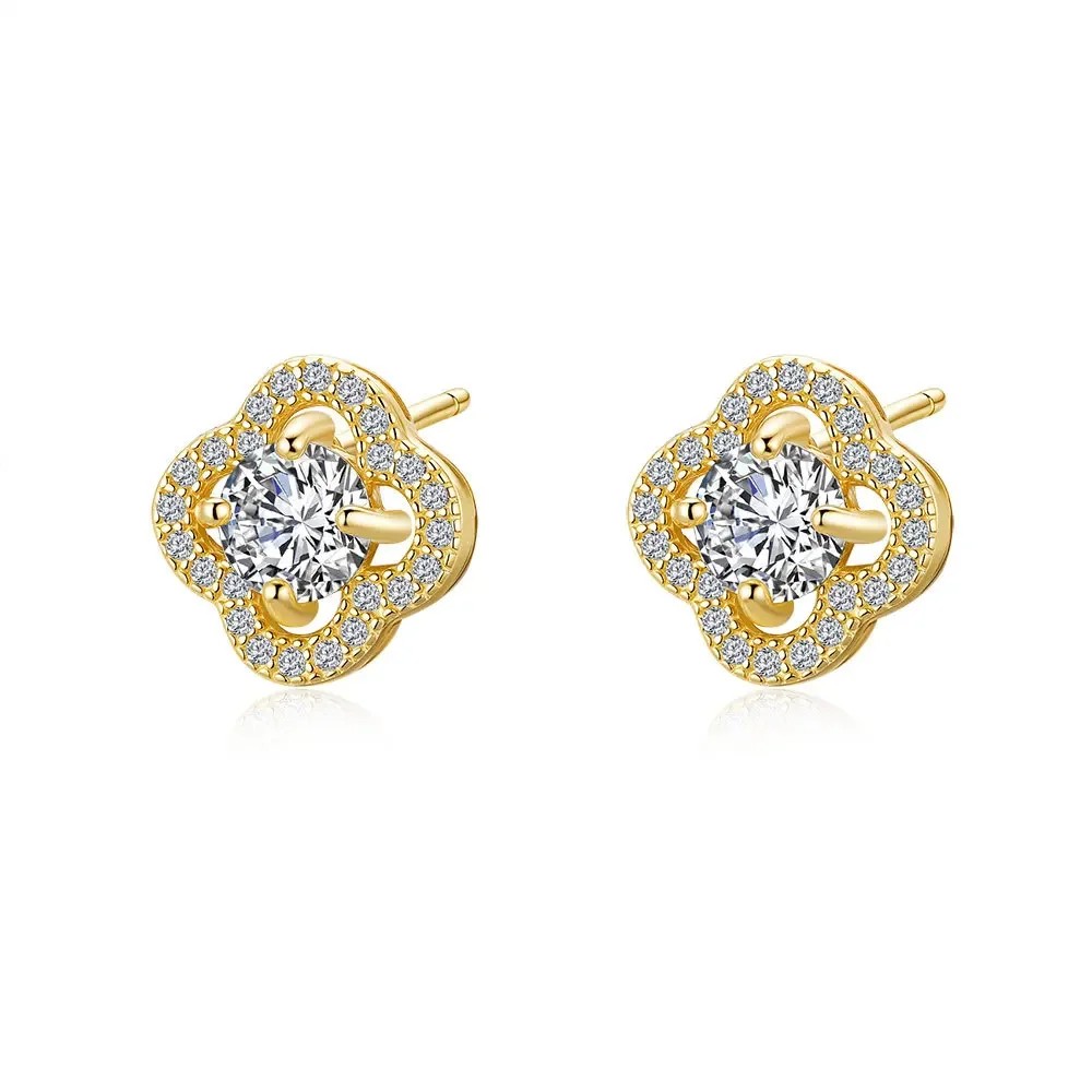 Luxury 100% Real 18K Gold Ring and Lucky Grass Moissanite Women's Stud Earrings