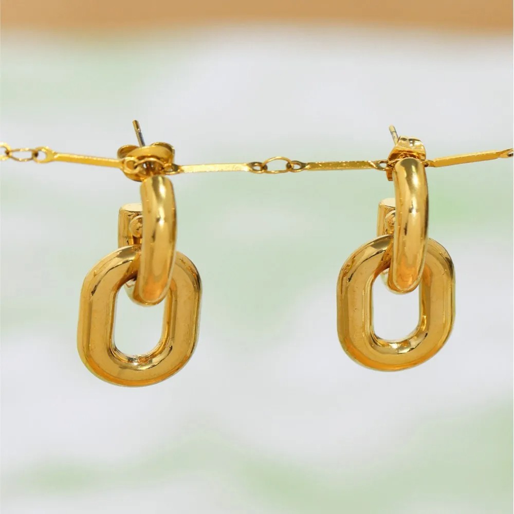 Two-Tone Oval Circular Ring Dangle Earrings in Stainless Steel  18K Gold Plated