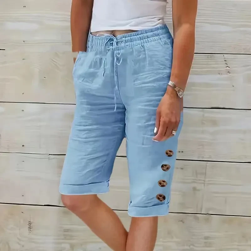 Summer Elastic Waist Solid Color Cotton Linen Wide Leg Pants