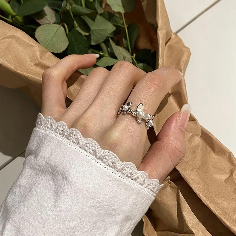 Real 925 Sterling Silver Personality Flower Pearl Adjustable Retro Ring
