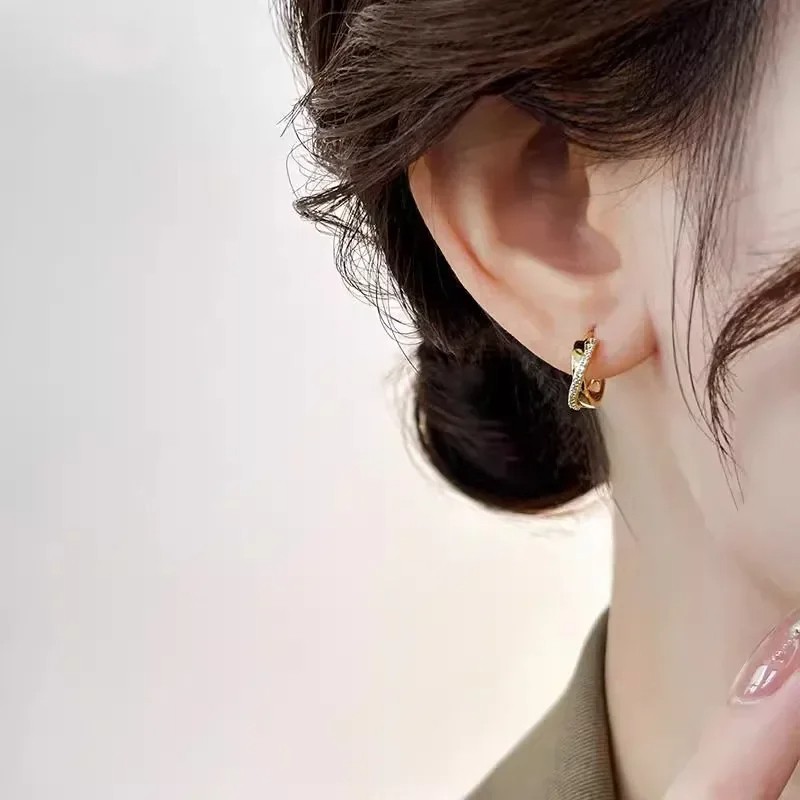 Real 925 Sterling Silver 14K Gold Hollow Cross Wave Zircon Hoop Earrings for Women