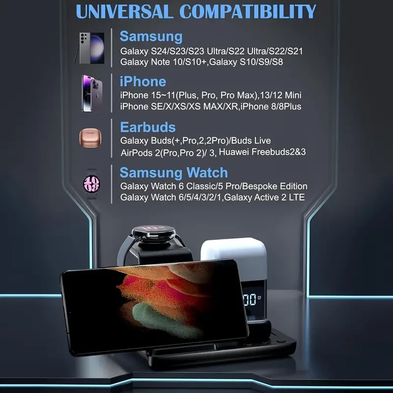 6-in-1 Wireless Charging Station with LED Display, Alarm & Night Light