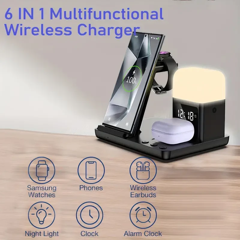 6-in-1 Wireless Charging Station with LED Display, Alarm & Night Light