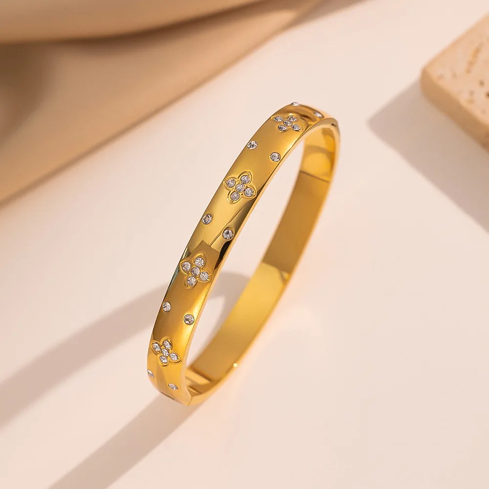 Stainless Steel Bangles Bracelet for Women  Fashion Jewelry with Zirconia Flower Design