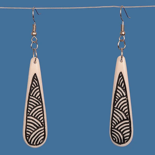 Bone Drop Earrings with Black Patterned Stain