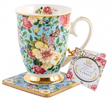 FLORAL GARDEN POWDER BLUE MUG AND COASTER SET