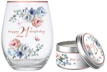 **21ST DANCING ROSES STEMLESS GLASS 520ML & CANDLE GIF