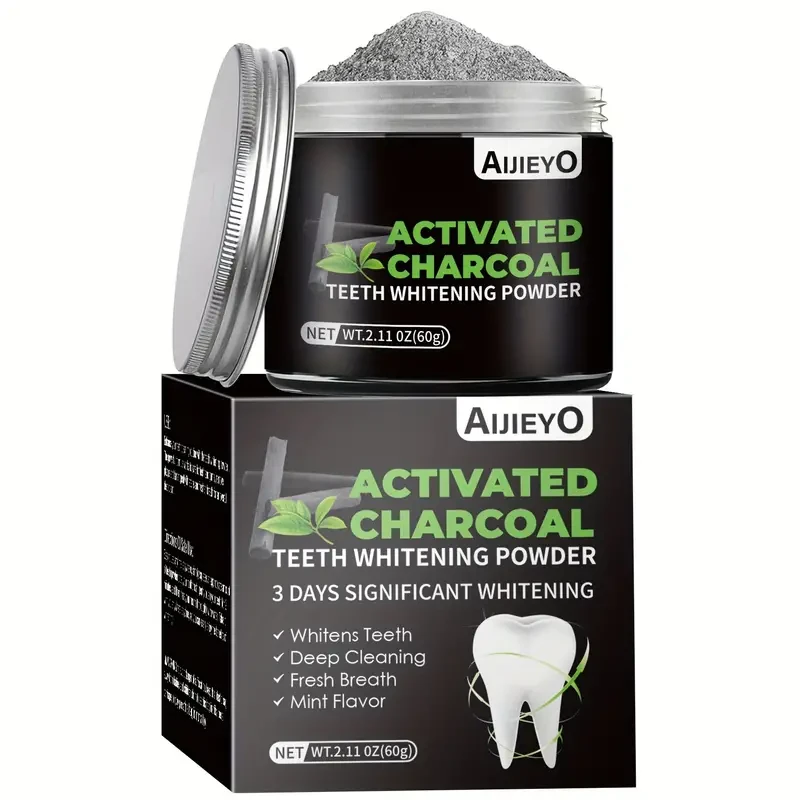 AIJIEYO Activated Charcoal Teeth Whitening Powder - Deep Cleaning, Plaque Cleaner, Mint Flavor