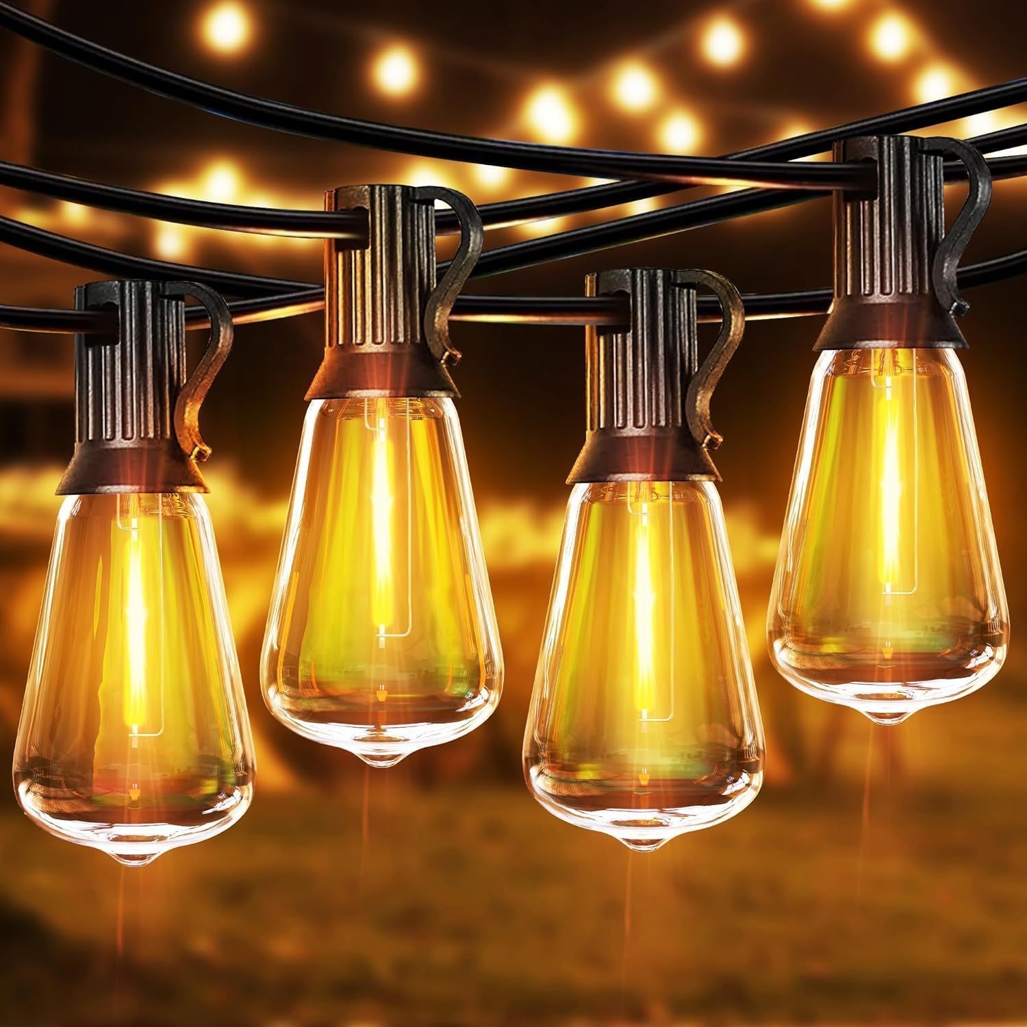 50FT Outdoor String Lights  LED Garden String Lights with Shatterproof ST38 Solar Retro Bulbs, Waterproof, Exterior Pendant Lights for Porch, Backyard, Cafe, Balcony, Bistro