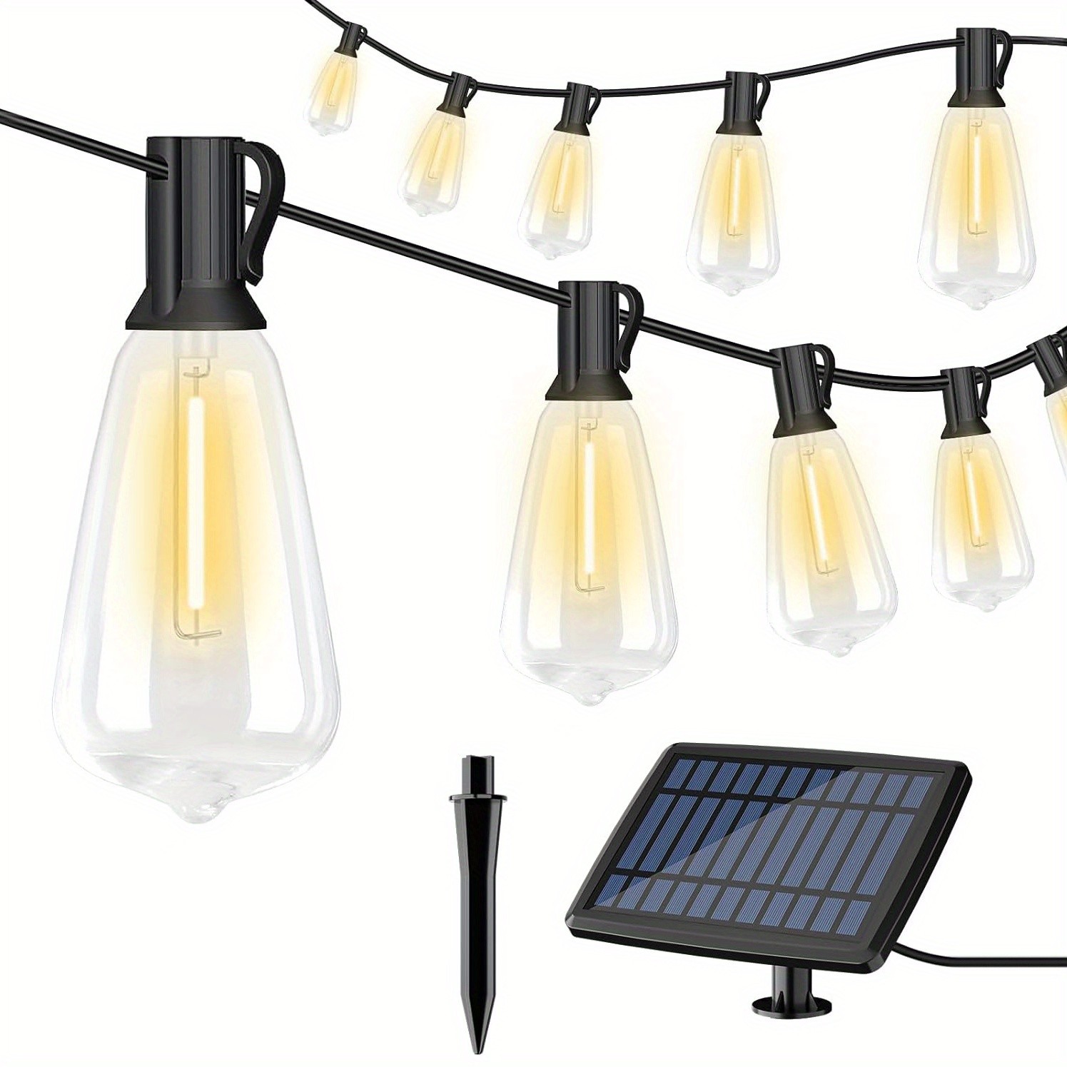 50FT Outdoor String Lights  LED Garden String Lights with Shatterproof ST38 Solar Retro Bulbs, Waterproof, Exterior Pendant Lights for Porch, Backyard, Cafe, Balcony, Bistro