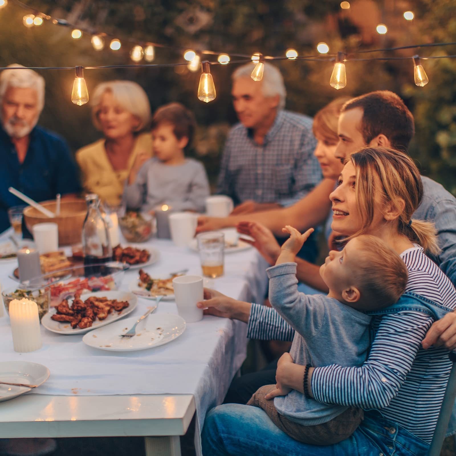 50FT Outdoor String Lights  LED Garden String Lights with Shatterproof ST38 Solar Retro Bulbs, Waterproof, Exterior Pendant Lights for Porch, Backyard, Cafe, Balcony, Bistro