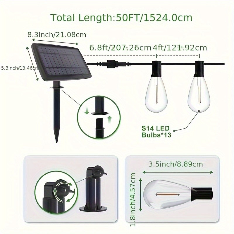 50FT Outdoor String Lights  LED Garden String Lights with Shatterproof ST38 Solar Retro Bulbs, Waterproof, Exterior Pendant Lights for Porch, Backyard, Cafe, Balcony, Bistro