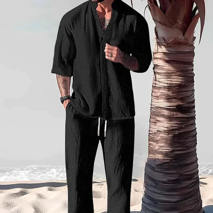 Men's Loose Casual Solid Color Half Sleeve Shirt Trousers Set