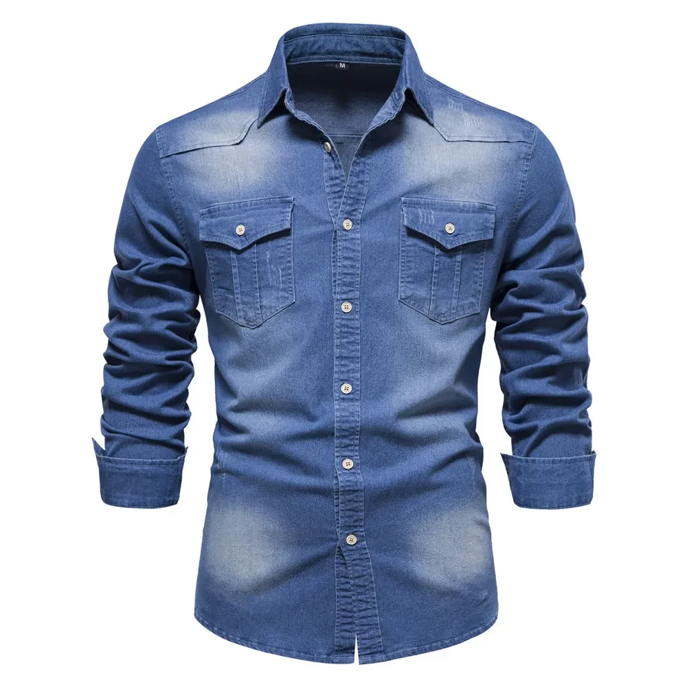 Men's Long-sleeved Denim Shirt Casual Solid Button Slim Tops Clothing