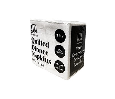 NAPKINS DINNER 2PLY  1/8F QUILTED WHT 100s/PKT (ESSENTIALS)