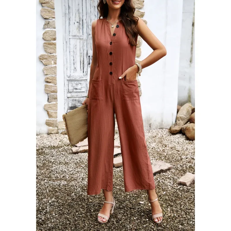Fashion Sleeveless Jumpsuit With Button Design Casual Temperament Wide Leg Pants