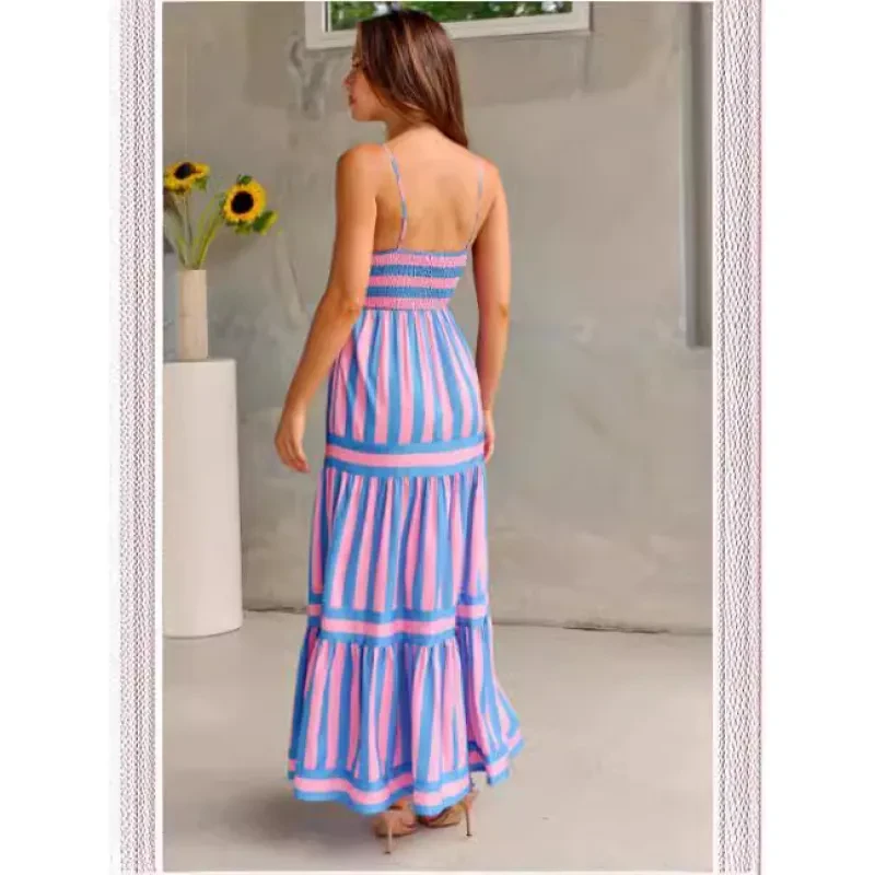 Summer Striped Printed Suspender Long Dress With Pockets Beach Vacation Women Clothing