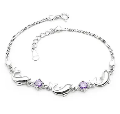 925 Sterling Silver Bracelet Wholesale, Dolphin Amethyst Bracelet, Women's Short Silver Jewelry