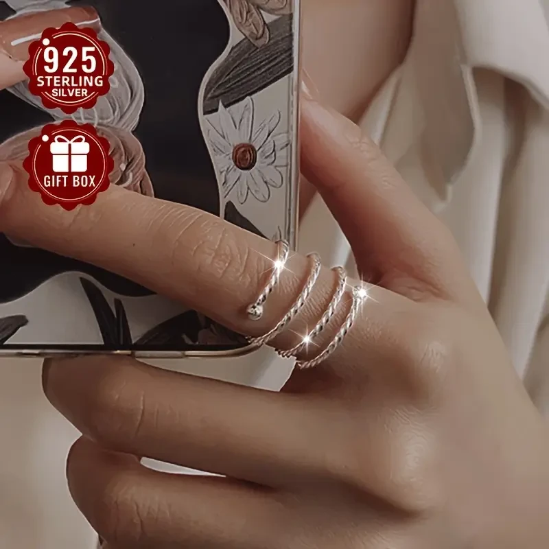 1pc 925 Sterling Silver Adjustable Twist Open Ring  Unisex Minimalist Elastic Ring for Daily Wear & Special Occasions | Elegant Jewelry Gift