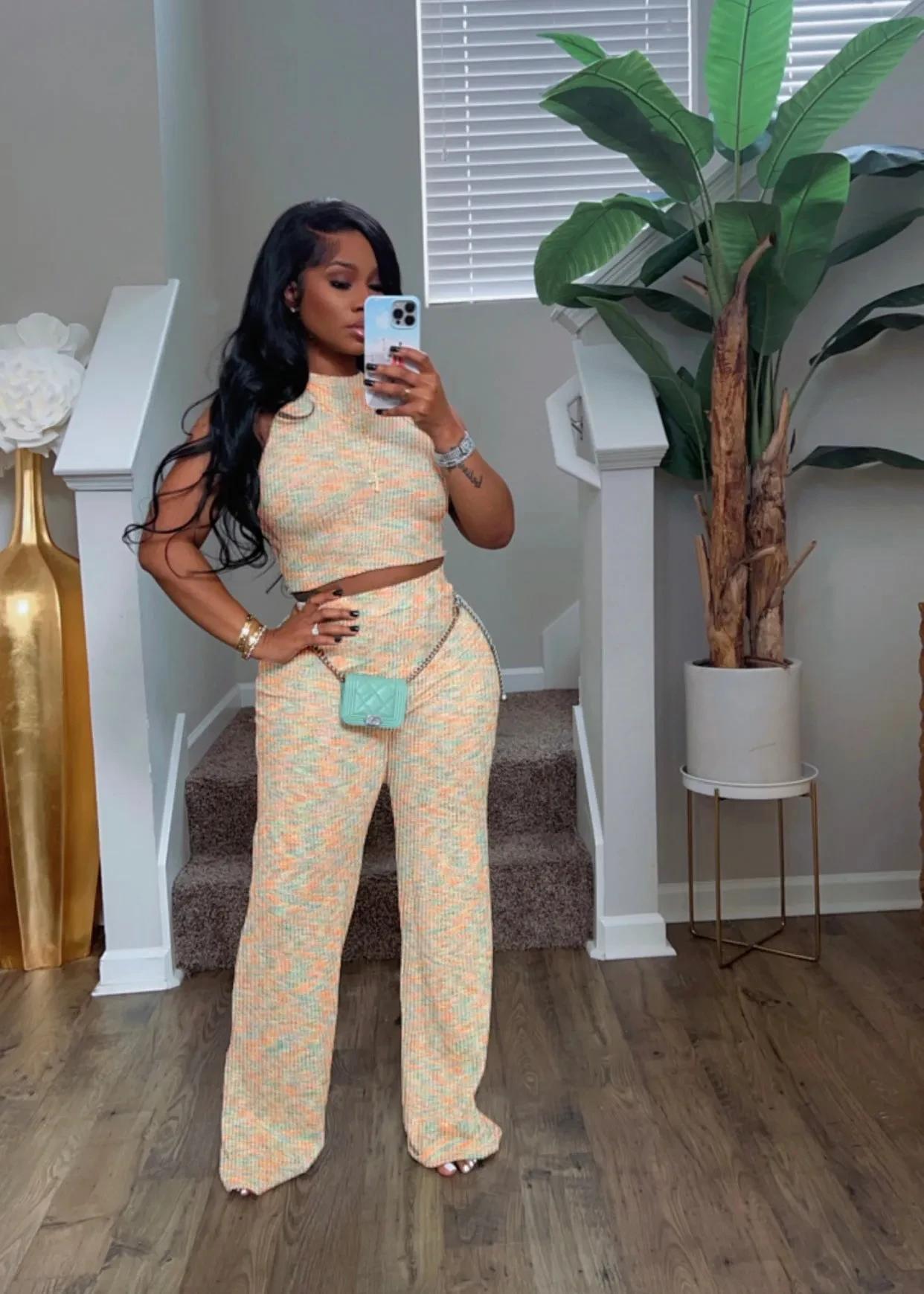 Sleeveless Printed Wide Leg Pants Two-piece Set